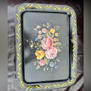Hand-Painted Floral Metal Serving Tray - Black with Pink & Yellow Roses